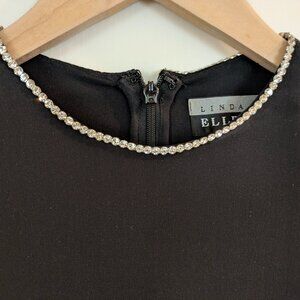 Linda Allard Ellen Tracy Black Silk Shift Dress Rhinestone Collar